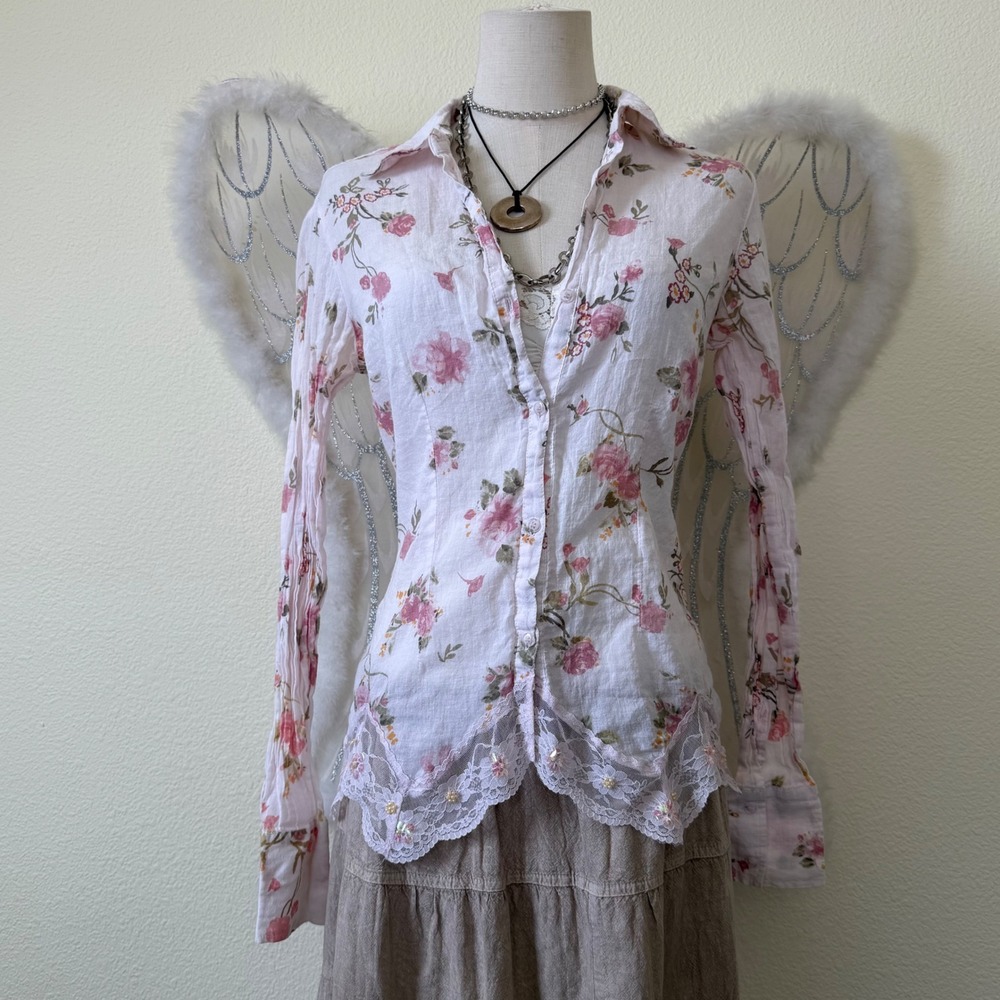 Girly Grunge Pink Floral Cotton Button Up Shirt Lace Sequin 2000s Whimsy‎ Twee